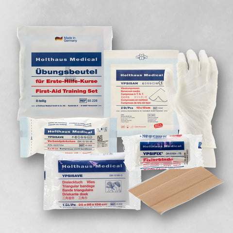 20 Stück Holthaus Medical Erste-Hilfe-Übungsbeutel nach DGUV inkl. Handschuhe | 8-teilig